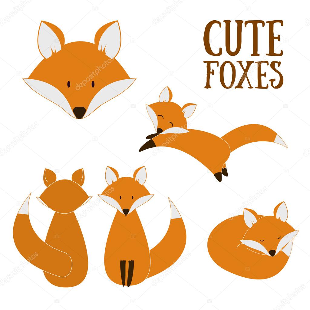 Set of cute foxes. Vector cartoon fox isolated on white. Sitting, sleeping, jumping fox. Flat design illustration.