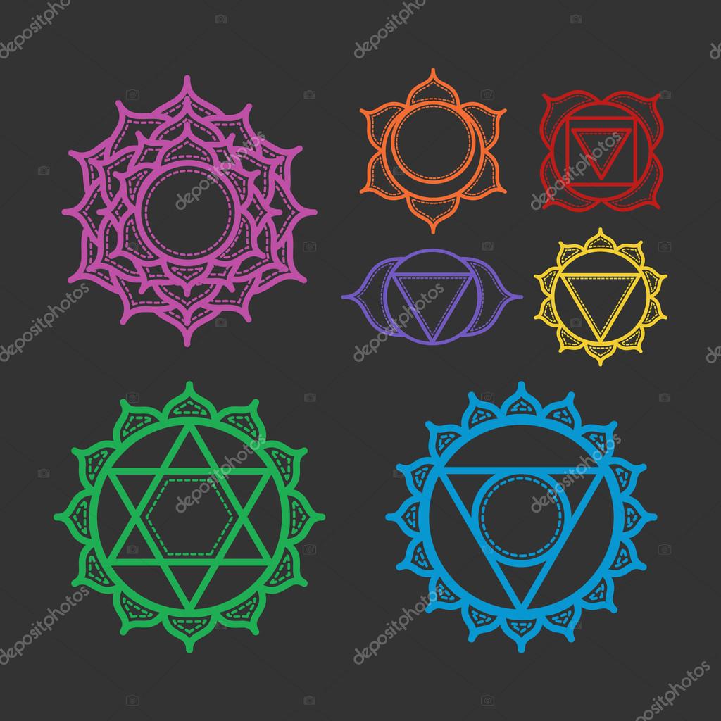Isolated Set of beautiful indian ornamental 7 chakras. Vector illustration. Color yoga chakra icons isolated on black. 7 chakra mandalas