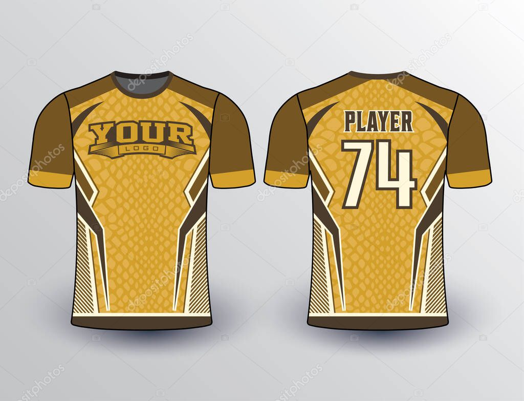 Gold and brown color base with the background filled with skin pattern give the edgy look of a viper spiky design fit for softball baseball and esports team jersey