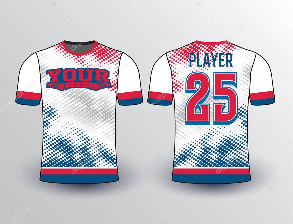 White base with red and blue combination filled with halftone pattern look softball baseball esports jersey mockup