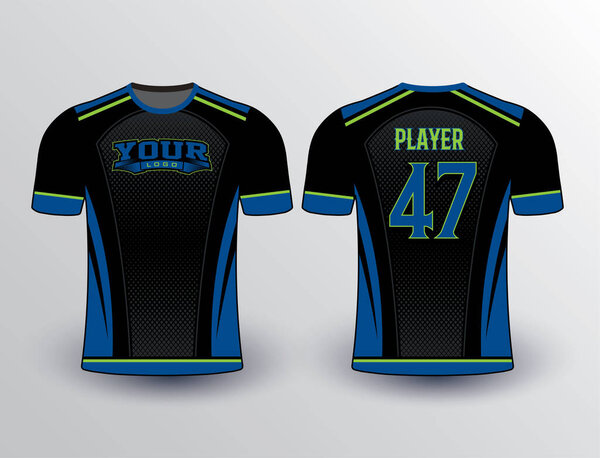 Black background royal blue with a touch of lime green pattern-filled jersey mockup for baseball softball esports gear