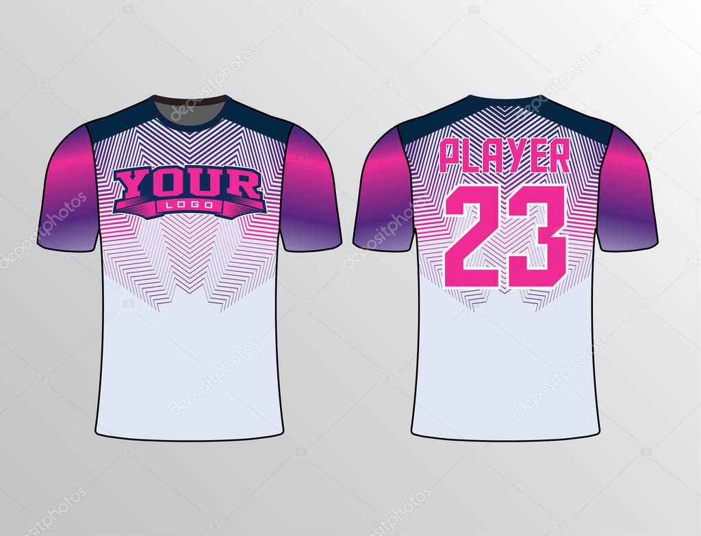 Contrast color of hot pink purple and blue filled with geometric pattern stripe sports team jersey template