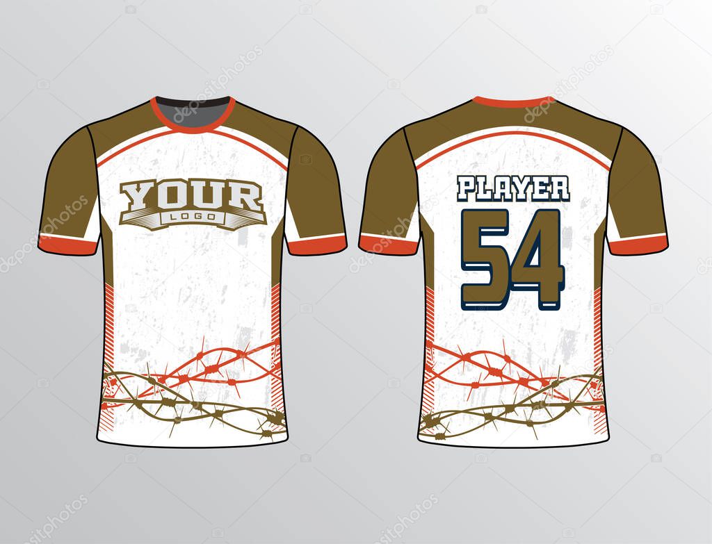 Simply elegant with barb wire theme at the bottom wrap the shirt front and back with brown white and orange color team jersey shirt