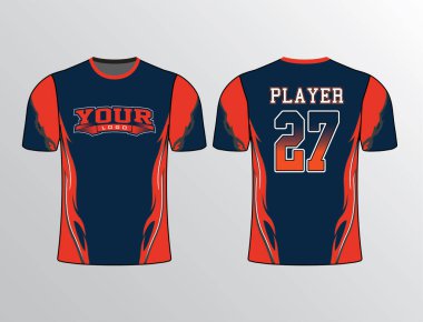 Koyu mavi kenarlı çılgın turuncu tüm spor takımı formaları için kabile tasarımı zarif tasarım gömleğiyle sarmalanmış.