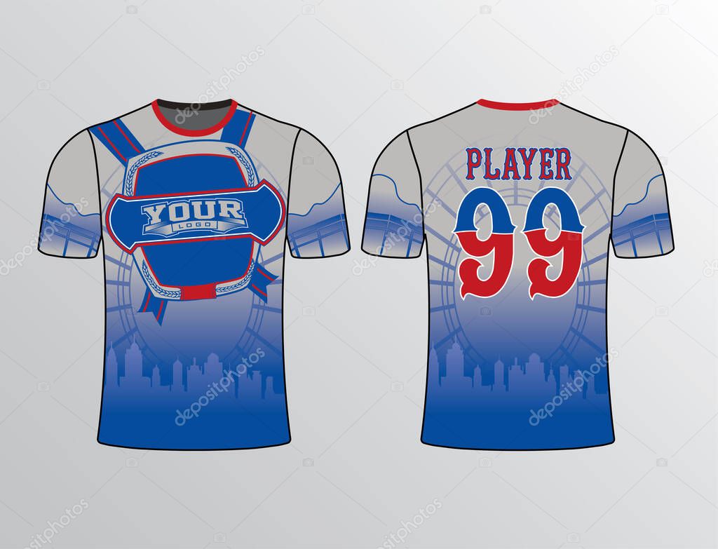 Unique circular pattern design with cityscape at the bottom filled with royal blue red and grey color combination perfect for sports team jersey