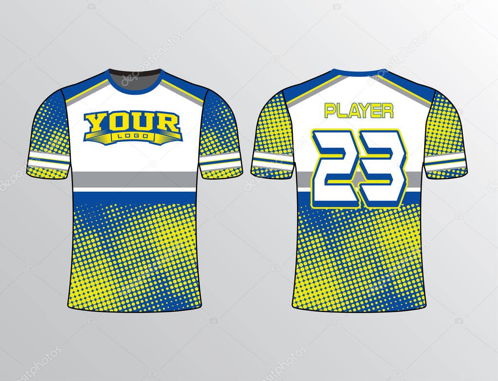 Blue lime green white color combination filled with halftone dot pattern sports jersey template for the team gear