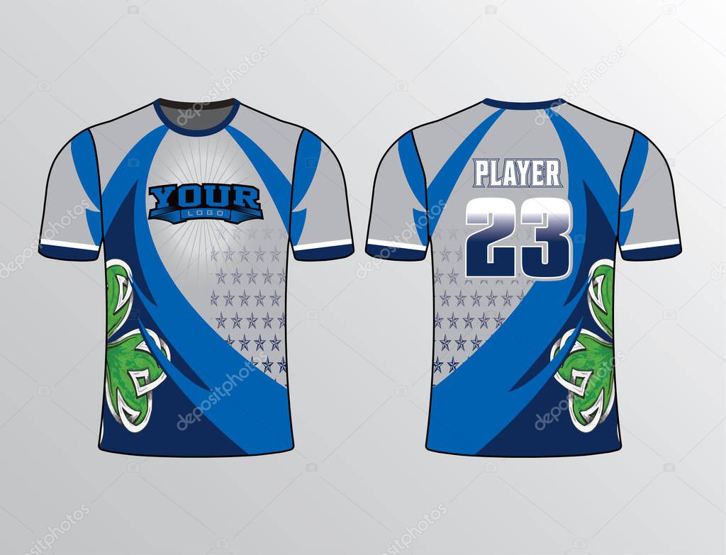 Blue-grey colors filled with stars and shamrock  design on the side insert jersey template for team gear
