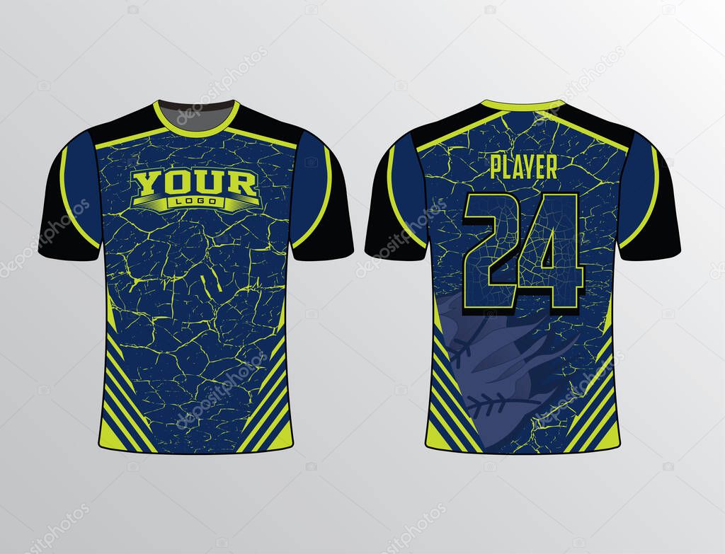 Dark blue-yellow color combination base filled with crack pattern and stripes on the sides sports team gear template