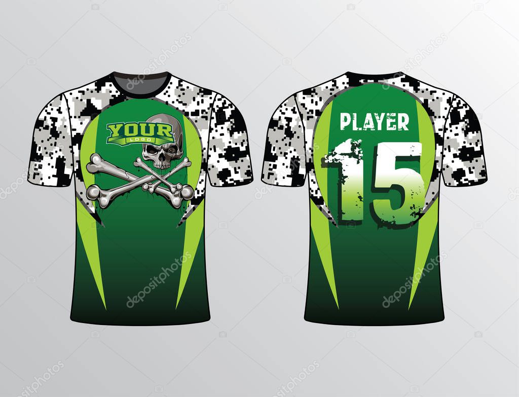 Green gradient skully theme with spiky sides design arms filled with camouflage pattern sports team gear mockup
