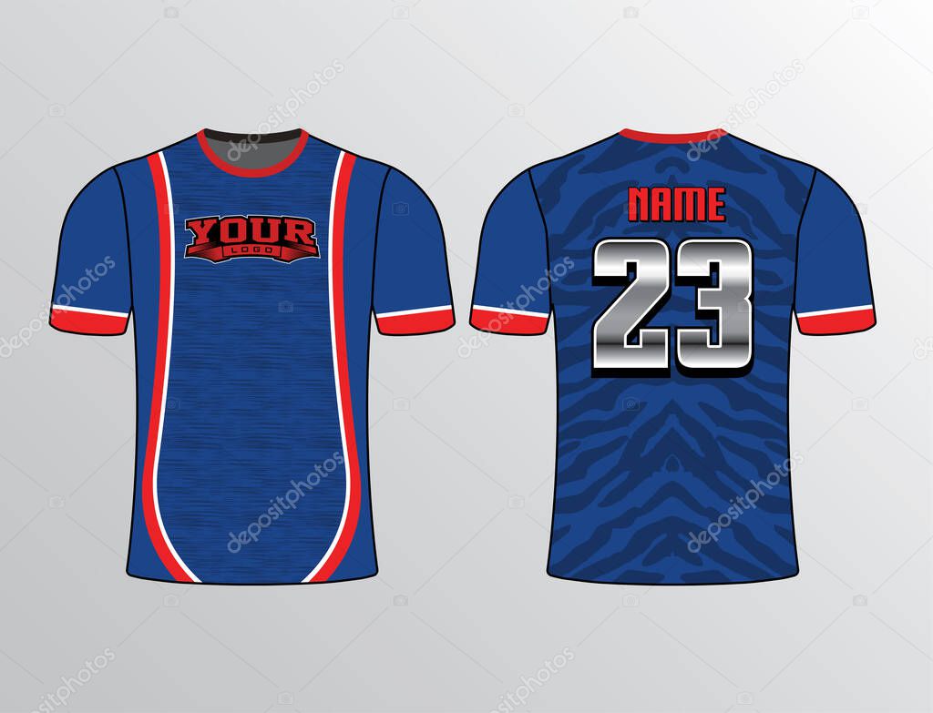 Heather and tiger skin pattern-filled blue red color combination sports jersey template