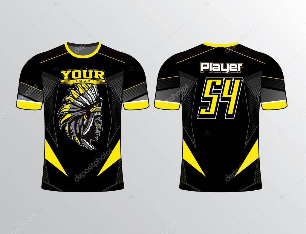 Black yellow spiky design filled with ghosted pattern red Indian theme jersey design perfect for all sports team gear