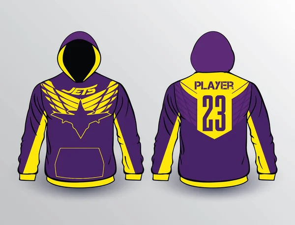 Winter Fleece Hoodie Template Purple Yellow Colors Filled Jets Wings — Stock Vector