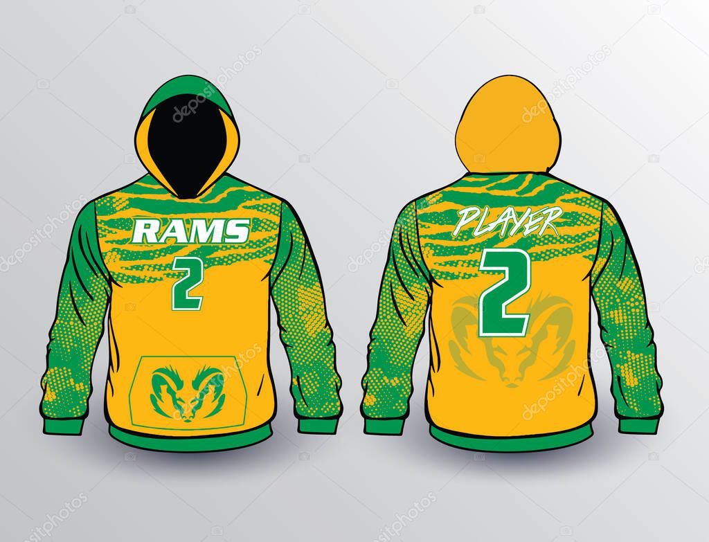 Winter fleece hoodie template in kelly green gold and white colors filled with halftone skinny pattern perfect for causal formal and team sport gear