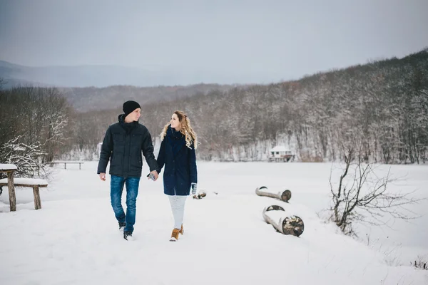 Young couple walking in a winter countryside