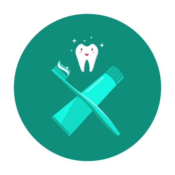 Escovar o ícone dos dentes. Conceito de higiene bucal e prevenção da cárie dentária. Um dente saudável, pasta de dentes e escova de dentes. Ilustração vetorial em estilo plano, isolada sobre fundo verde —  Vetores de Stock