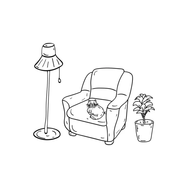 Acogedora casa. Salón interior en estilo Doodle. Un cómodo sillón, una maceta y una lámpara de pie. Ilustración dibujada a mano vectorial. Esquema negro aislado sobre fondo blanco — Vector de stock