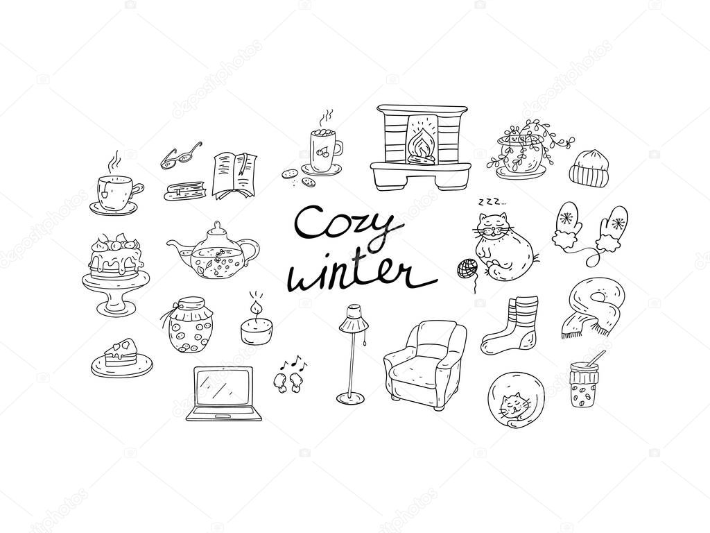 Cozy Winter Doodle set with lettering. Hand-drawn design elements. Warm winter accessories, sweets, cute cats and home furnishings. Vector sketch illustration 