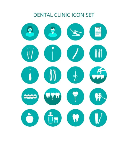 Ícone da clínica dentária. Ícones vetoriais dos serviços de clínica dentária. Ferramentas para exame, tratamento e remoção de dentes. Ortodontia, cuidados bucais e higiene. Restauração dentária, o pessoal da clínica —  Vetores de Stock