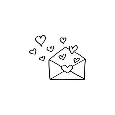 Kalpli el yazması zarf. Aşk mektubu Doodle illüstrasyonu. Kutlama kartları ve davetiyeler için Sevgililer Günü vektör tasarımı öğesi. Beyaz arkaplanda siyah ana hat izole edildi