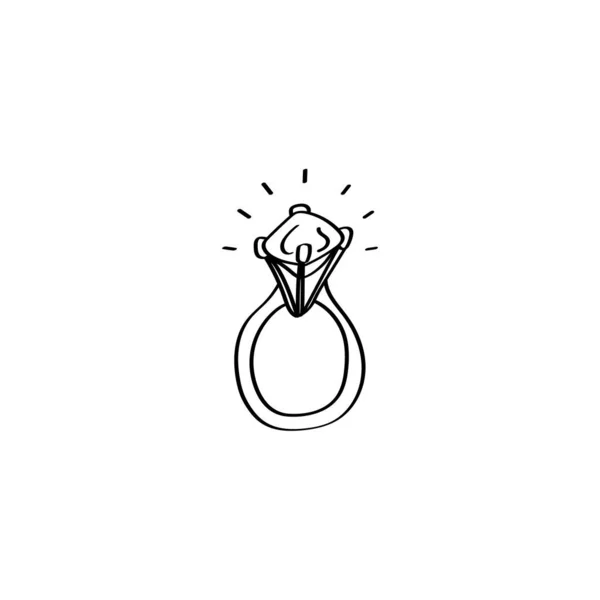 Anillo de diamantes dibujado a mano. Anillo de boda Ilustración Doodle. Elemento de diseño vectorial para tarjetas de felicitación, invitaciones de boda y San Valentín. Esquema negro aislado sobre fondo blanco — Archivo Imágenes Vectoriales