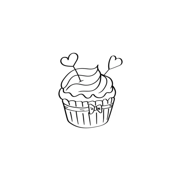 Cupcake San Valentino. Doodle cupcake. Cornice elegante vettoriale disegnata a mano con cuori per biglietti di auguri, banner, inviti o titoli. Profilo nero isolato su sfondo bianco — Vettoriale Stock