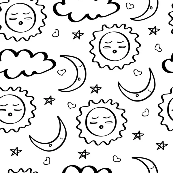 Доброго вечора каракулі візерунок. Час лягати спати. Безшовний фон зі сплячим місяцем і сонцем, хмарами і зірками. Чорні контури на білому тлі. Для тканини, шпалер та дитячого текстилю — стоковий вектор