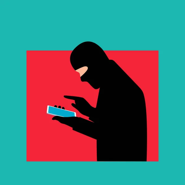 Um fraudador profissional usa um smartphone. O fraudador liga para um telemóvel. O conceito de fraude telefônica, ataque de hackers, fraude e cibercrime. Ilustração vetorial em estilo plano isolado — Vetor de Stock