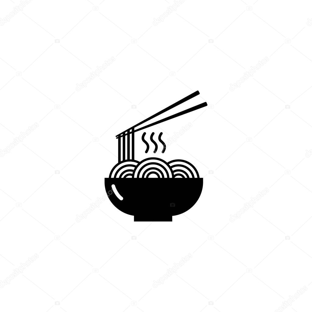Noodles icon. A bowl of noodles and chopsticks. Chinese and Asian traditional cuisine. Logo illustration. Solid vector black icon isolated on a white background.