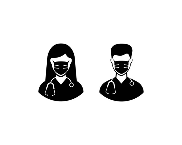 Ärztinnen und Ärzte in Schutzmasken mit Stethoskop. Solides schwarzes Symbol des Medical Teams. Vektor-Illustration isoliert auf weißem Hintergrund — Stockvektor