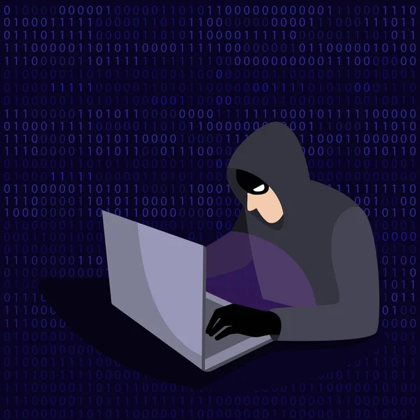 一个带着手提电脑的黑客网络犯罪，包括密码黑客攻击和身份盗窃、软件错误、病毒和垃圾邮件。网络钓鱼、在线诈骗、网络犯罪和网络保护的概念。矢量说明 — 图库矢量图片