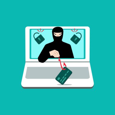 Banka hesaplarından para çalan bir bilgisayar korsanı. Şifre kırma ile ilgili web suçları. Sahtecilik, hacker saldırıları, online dolandırıcılık ve web koruması kavramı. Vektör illüstrasyonu