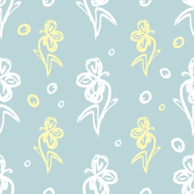 Elle çizilmiş çiçek arkaplanı. Karalama stilinde vektör kusursuz desen. Gri arkaplanda beyaz ve sarı çiçekler.