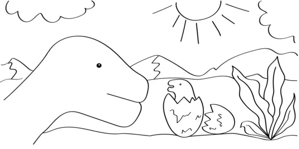 Egy dinoszaurusz egy gyerekkel a tojásában. Színező oldal gyerekeknek. Egy Diplodocus dinoszaurusz. Ez lehet használni a gyermekek kreativitás és a tanulás. Fekete vázlat elszigetelt fehér háttérrel. Vektor — Stock Vector