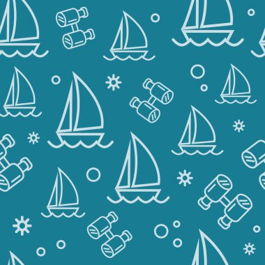 Yelkenli gemilerin rotası kusursuz. Mavi arka planda yatlar ve dürbünler. Yaz mevsimi geçmişi. Kumaş, tekstil ve ambalaj kağıdı tasarımı için.
