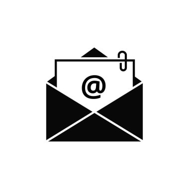 Eklentisi olan bir e-posta. Açık bir zarf gelen bir e-postadır. Katı siyah vektör simgesi beyaz arkaplanda izole edildi