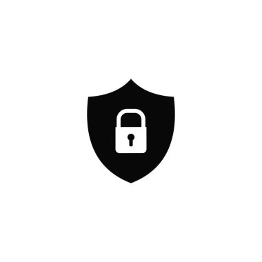 Güvenlik kalkanı. Kullanıcıların korunması ve internetteki gizli bilgiler. Kapalı kilit ikonlu bir kalkan. Beyaz arkaplanda izole edilmiş siyah vektör simgesi