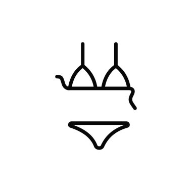 Kadın mayosu. Kadınlar için bikini ve iç çamaşırı ikonu. Logonun elementi. Kumsal için kıyafet ve yüzme. Beyaz arkaplanda siyah ana hat izole edildi