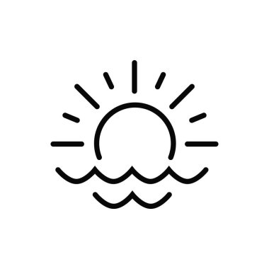 Denizde güneş. Gün doğumu veya gün batımı. Siyah özet. Beyaz arkaplanda izole edilmiş basit vektör simgesi. Seyahat acentesinin logosu için. Eğlence, sahil, seyahat, iklim, hava