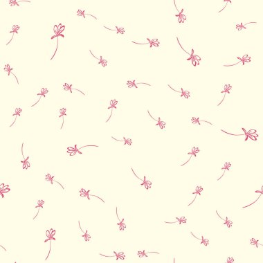 Elle çizilmiş çiçek arkaplanı. Karalama stilinde vektör kusursuz desen. Bej arkaplanda pembe çiçekler.