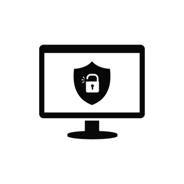 Ekranda açık kilidi olan bir bilgisayar ve kalkan. Hacker saldırısı kavramı, kullanıcıların korunması ve internetteki gizli bilgiler. Katı siyah vektör simgesi