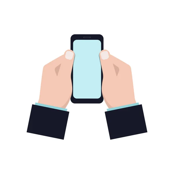 Manos sosteniendo un smartphone. Primer plano de una pantalla de teléfono móvil en blanco en manos de una persona sobre un fondo blanco. Usando un teléfono móvil. Ilustración vectorial en un estilo plano — Vector de stock