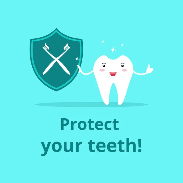 Um dente sorridente branco saudável bonito segura um escudo. O conceito de proteção da saúde dos dentes e da cavidade oral. Odontologia pediátrica. Design de cartaz para uma clínica odontológica infantil. Vetor —  Vetores de Stock