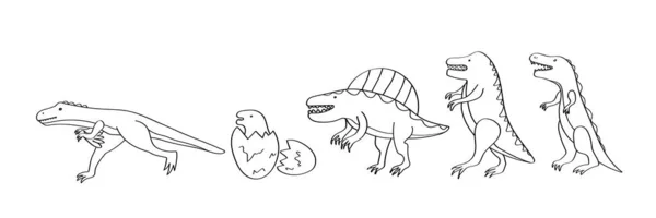 Juego de dinosaurios. Dibujado a mano para colorear página para niños. El dinosaurio spinosaurus, tiranosaurio rex, velociraptor, huevo de dinosaurio. Para niños creatividad y educación. Esquema negro aislado. Vector — Vector de stock