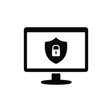 Ekranda kilit olan bir bilgisayar ve kalkan. Kullanıcıların korunması ve internetteki gizli bilgi kavramı. Katı siyah vektör simgesi 