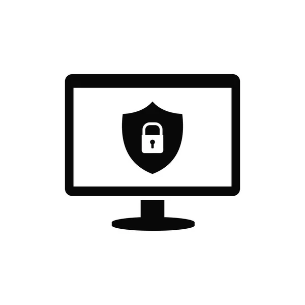 屏幕上有锁的电脑和盾牌。保护互联网上的用户和机密资料的概念。固体黑色矢量图标 — 图库矢量图片