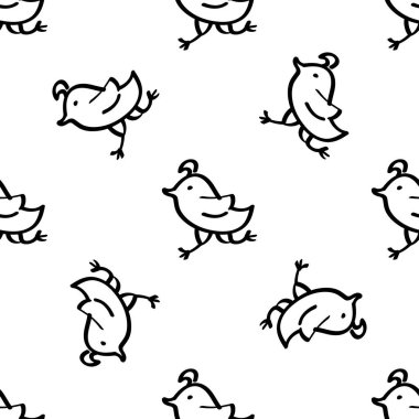 Tavuklar kusursuz karalama kalıpları. Paskalya arkaplanı ve güzel el çizimi tavuklar. Beyaz arka planda siyah bir taslak. Vektör