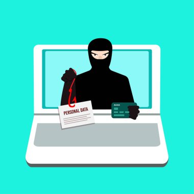 Phishing. İnternetten para ve kişisel bilgi çalan bir bilgisayar korsanı. Şifre kırma ile ilgili web suçları. Hacker saldırıları, internet dolandırıcılığı ve internet koruması kavramı. Vektör illüstrasyonu