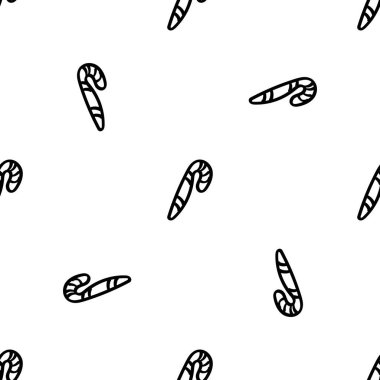 Noel lolipopları kusursuz karalama kalıpları. Beyaz arka planda siyah bir taslak. Kumaş ve ambalaj kağıtları için el yapımı Noel tasarımı. Vektör