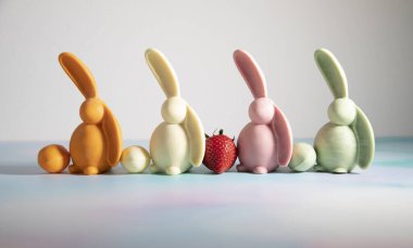 Paskalya Tavşanları Ailesi - dört renkli çikolatalı komik tavşan - pembe, turuncu, beyaz ve yeşil - Paskalya yumurtası ve çilekli - nisan ayında bayram hediyesi