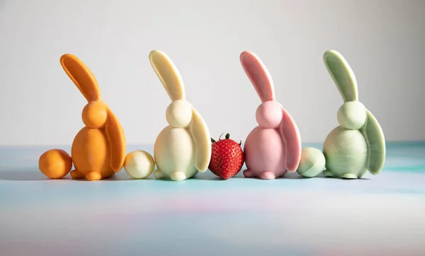 Family of Easter bunnies - four colorful chocolate funny bunnies - pink, orange, white, and green - with Easter eggs and strawberries - gift for a holiday in April